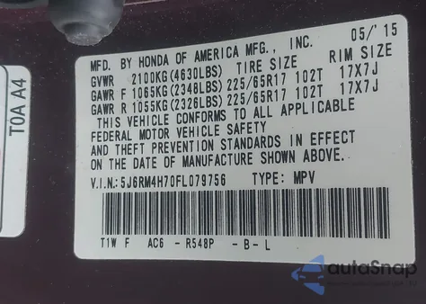 2015 Honda Cr-V Ex-L from USA, damaged, VIN 5J6RM4H70FL079756